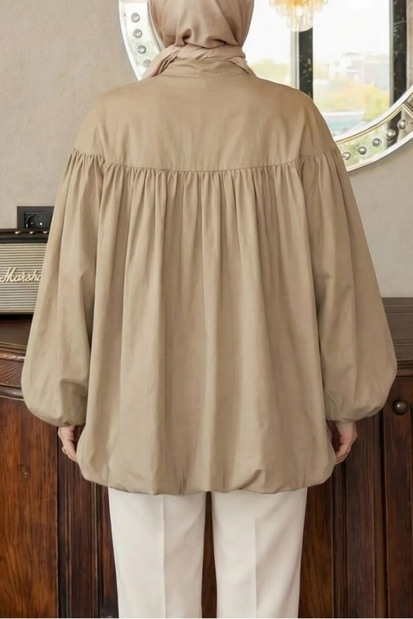 Cupra Tunic with Lace-Up Neckline, Button-Down Front, and Balloon Sleeves -Mink color