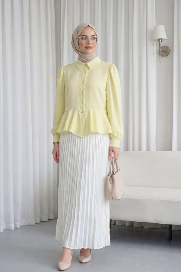 Modal Shirt Blouse with Rhinestone Buttons and Ruffle Detail  -Yellow
