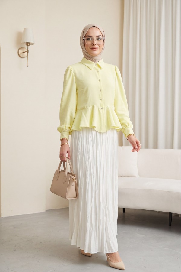 Modal Shirt Blouse with Rhinestone Buttons and Ruffle Detail  -Yellow