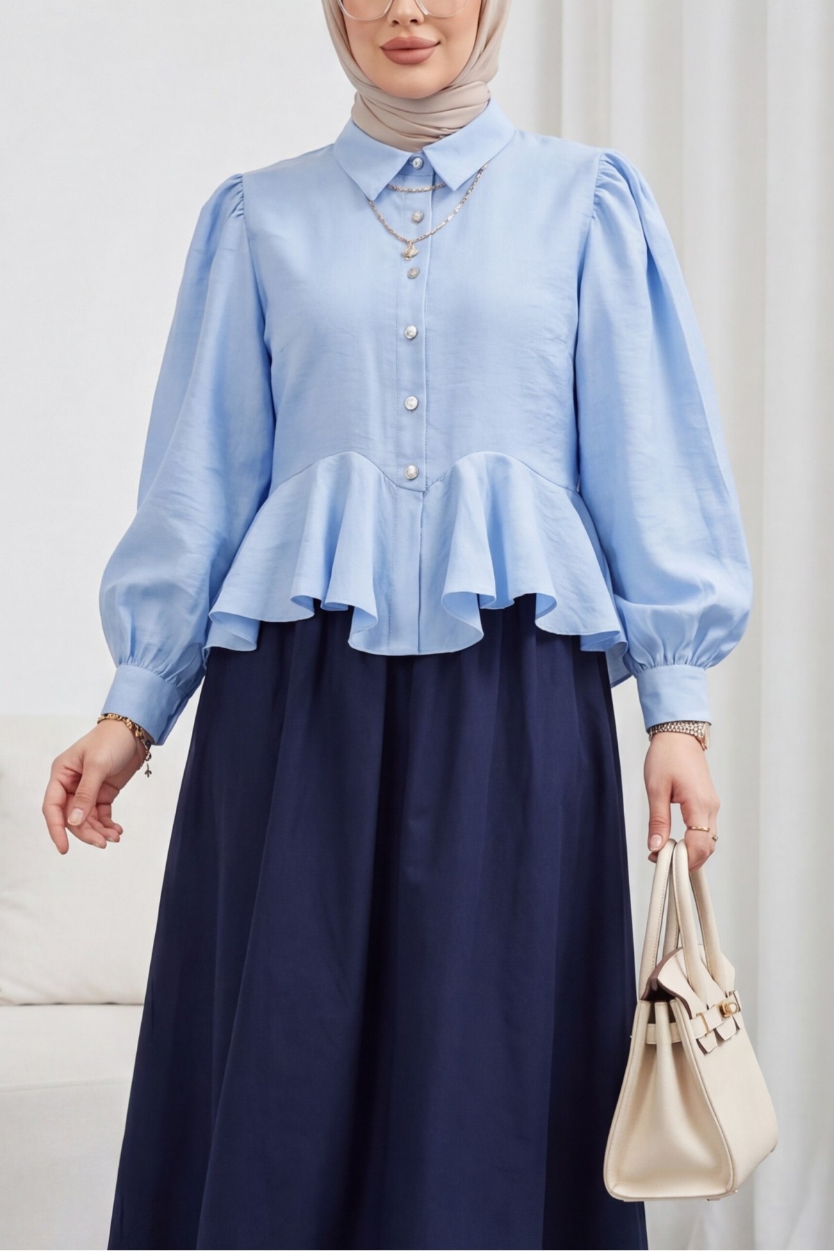 Modal Shirt Blouse with Rhinestone Buttons and Ruffle Detail  -Baby Blue