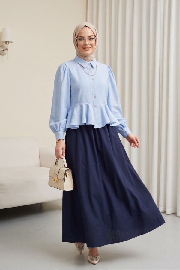 Modal Shirt Blouse with Rhinestone Buttons and Ruffle Detail  -Baby Blue