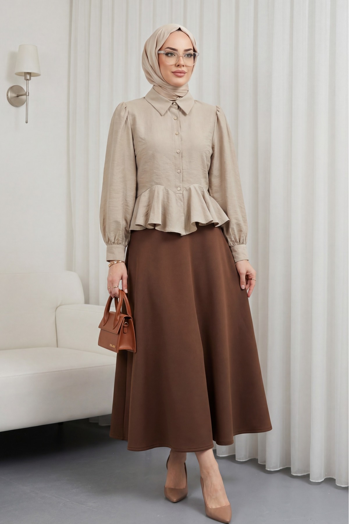 Modal Shirt Blouse with Rhinestone Buttons and Ruffle Detail - Beige
