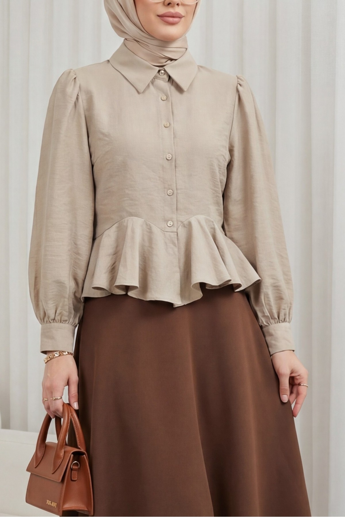 Modal Shirt Blouse with Rhinestone Buttons and Ruffle Detail - Beige