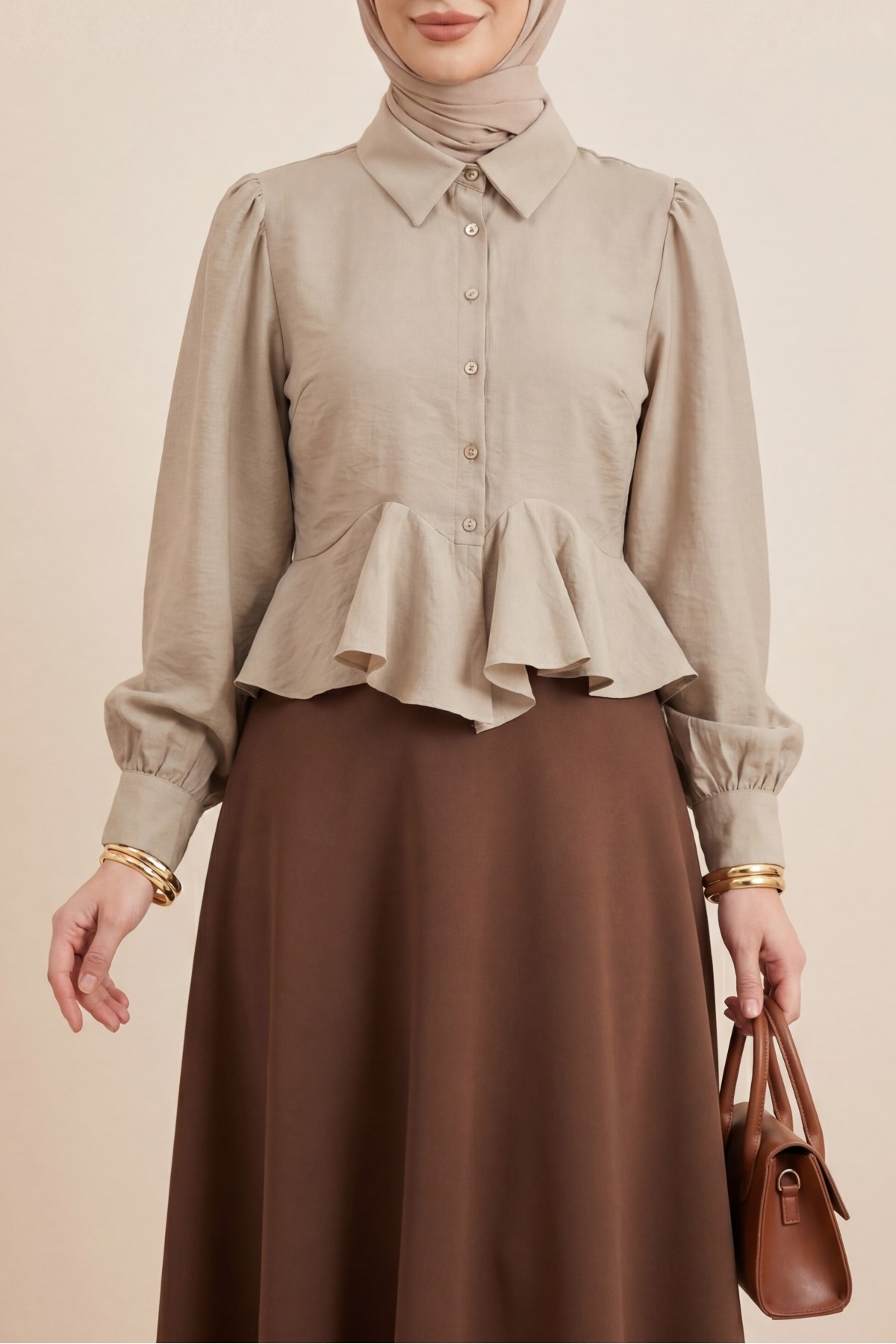 Modal Shirt Blouse with Rhinestone Buttons and Ruffle Detail - Beige