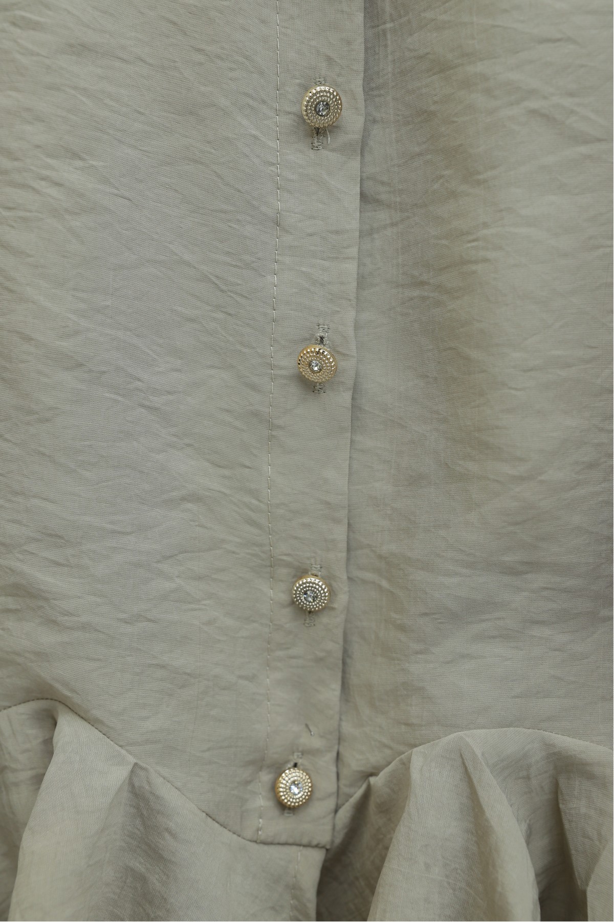 Modal Shirt Blouse with Rhinestone Buttons and Ruffle Detail - Beige