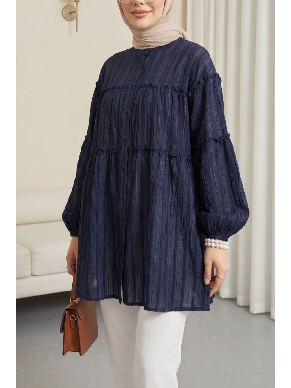 Dik Yaka Sim Çizgili Balon Kol Oversize Gofre Tunik -Laci