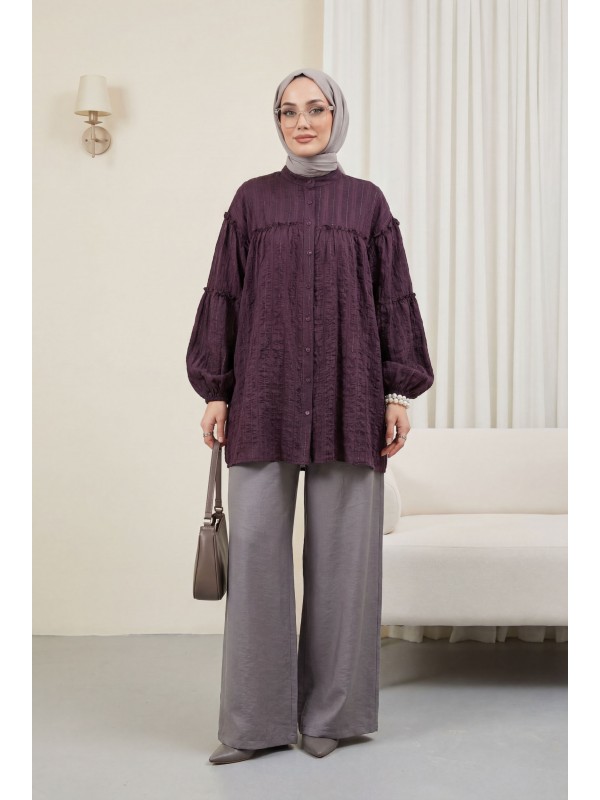 Dik Yaka Sim Çizgili Balon Kol Oversize Gofre Tunik -Mürdüm