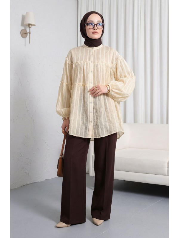 High Neck Glitter Striped Balloon Sleeve Oversize Waffle Tunic -Light yellow