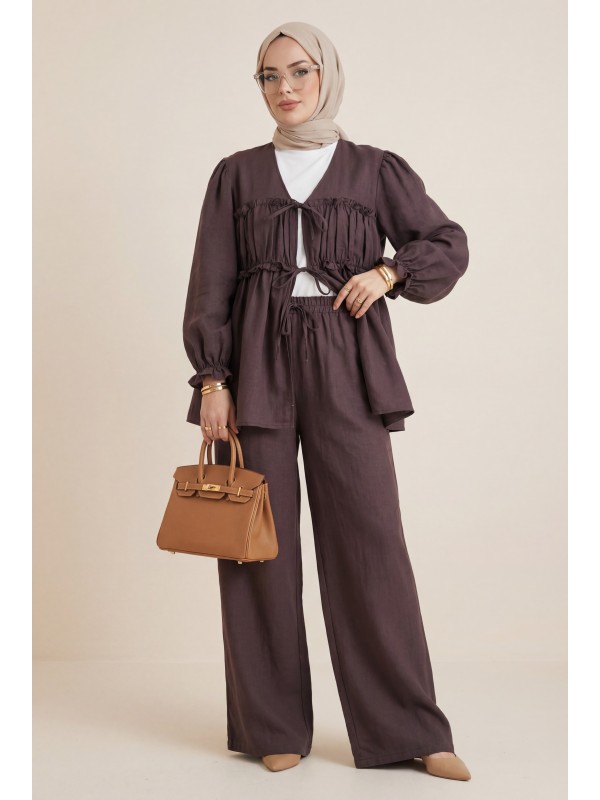 طقم مودال برباط أمامي وأكمام مكشكشة وخصر مطاطي -لون الخوخ