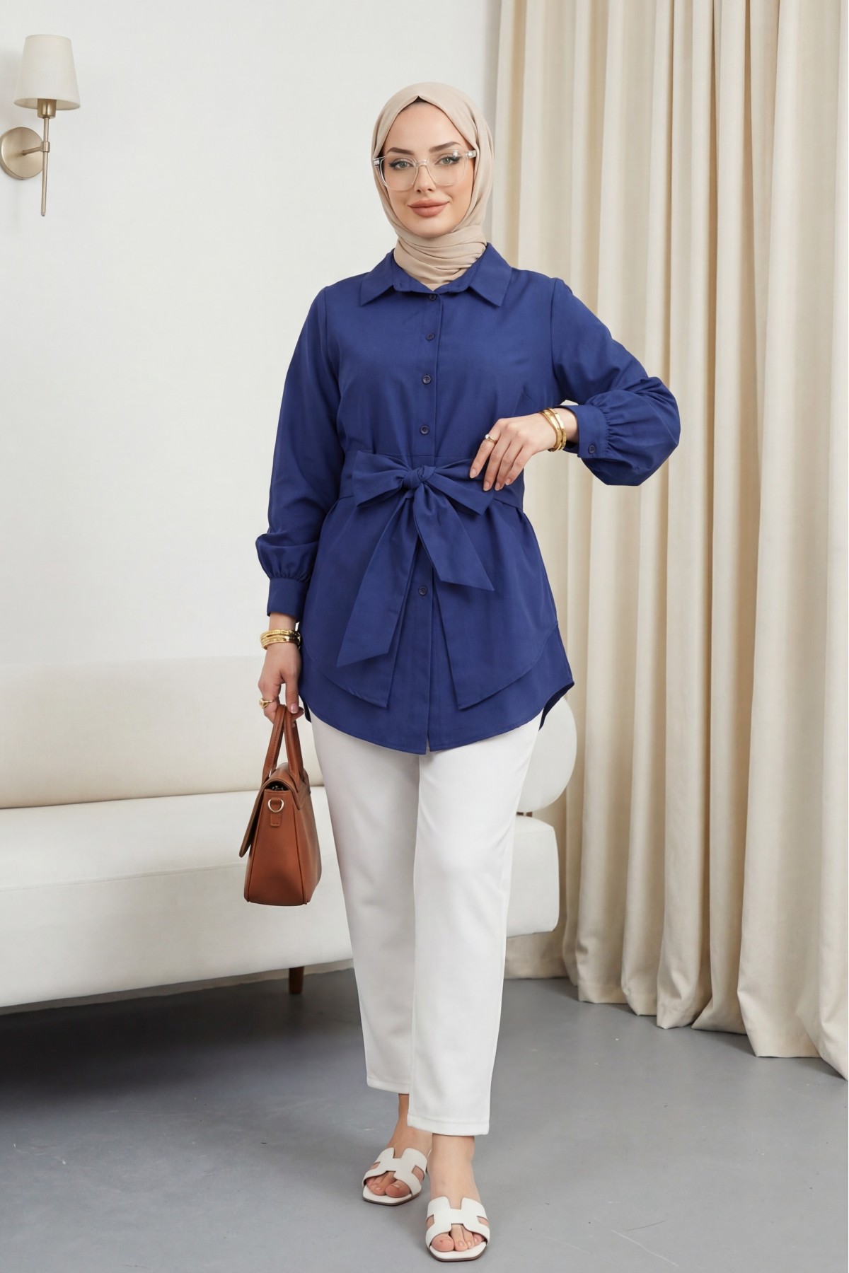 Kendinden Kuşaklı Poplin Tunik -Laci