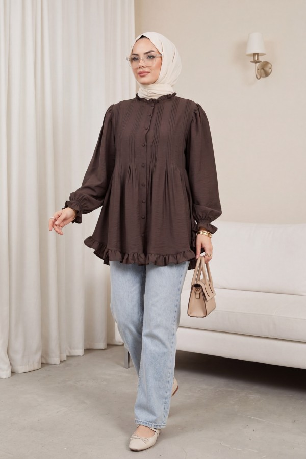 Cupra Tunic with Elasticated Sleeves, Ruffle Detail, and Drawstring Waist. -Dark Coffee