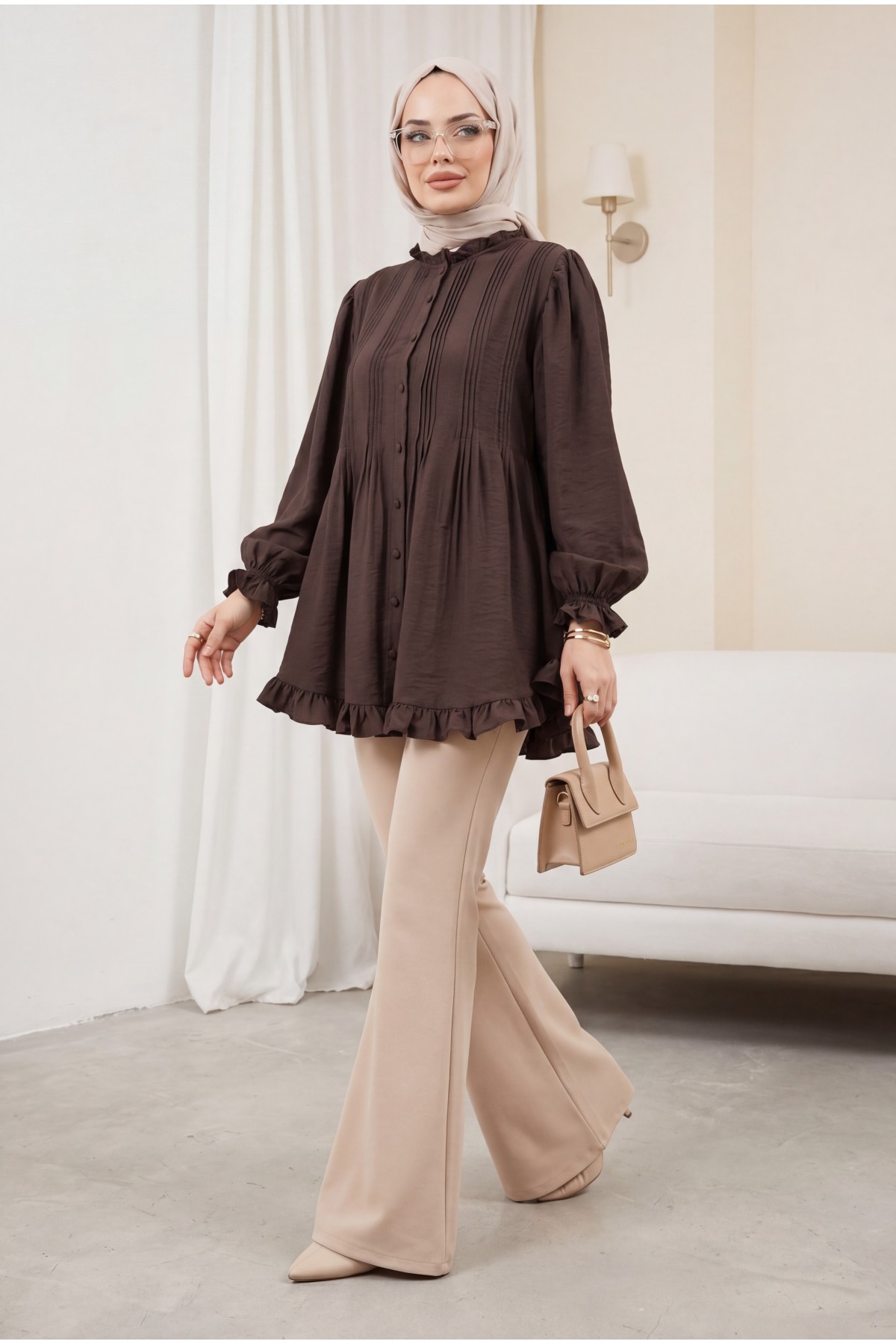 Cupra Tunic with Elasticated Sleeves, Ruffle Detail, and Drawstring Waist. -Dark Coffee