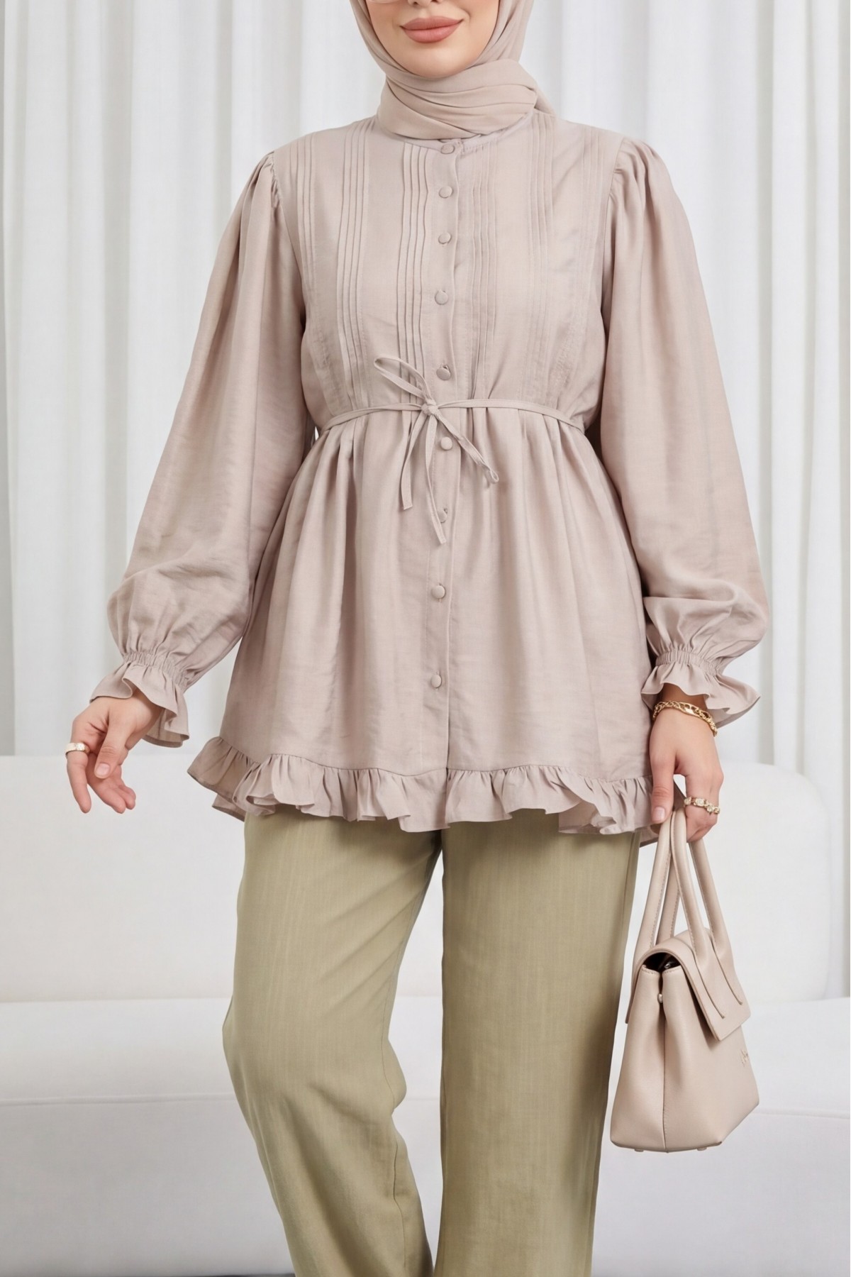 Cupra Tunic with Elasticated Sleeves, Ruffle Detail, and Drawstring Waist. - Beige