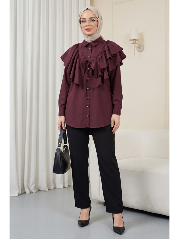 Pelerin Detaylı Düğmeli Oval Kesim Poplin Tunik -Mürdüm