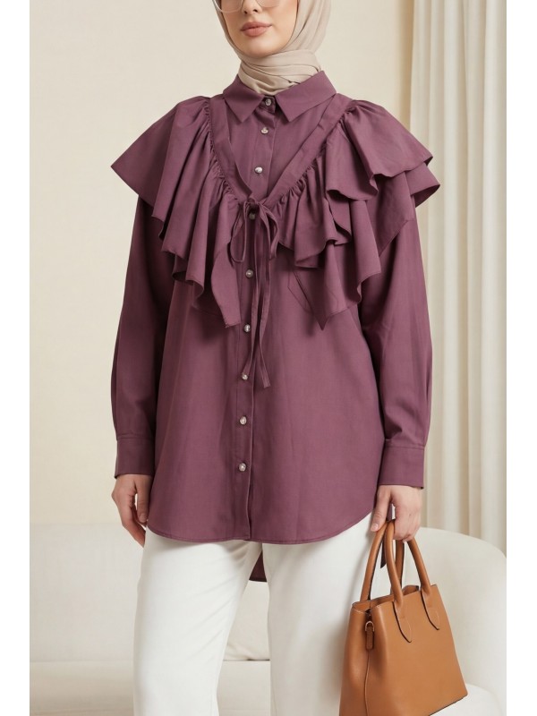 Pelerin Detaylı Düğmeli Oval Kesim Poplin Tunik -Vişne