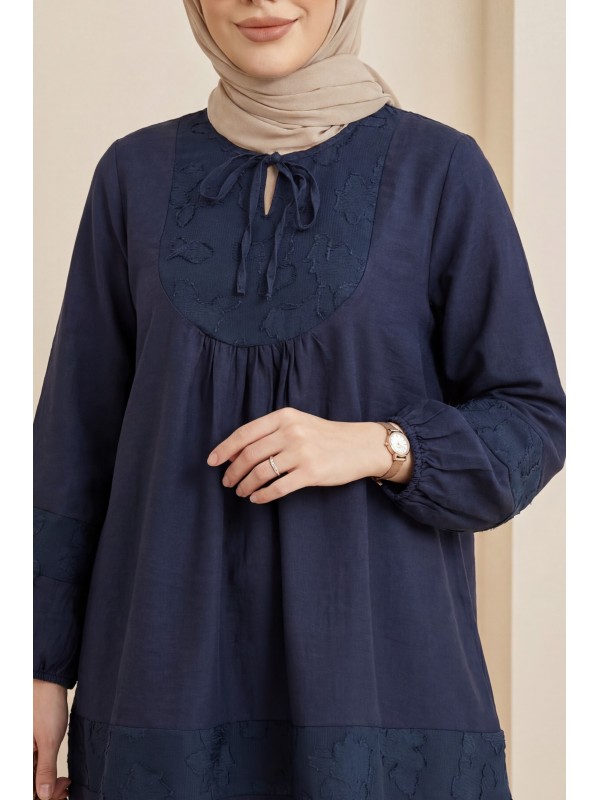 Yakası Bağlamalı Kolu Lastikli Garnili Modal Tunik  -Laci