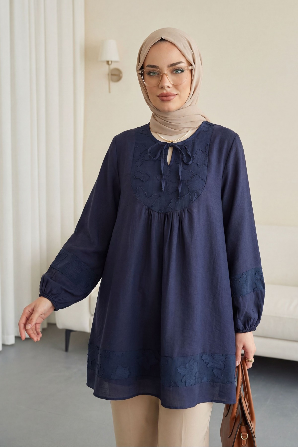 Modal Tunic with Tie Neckline and Elasticated Sleeves -Navy blue