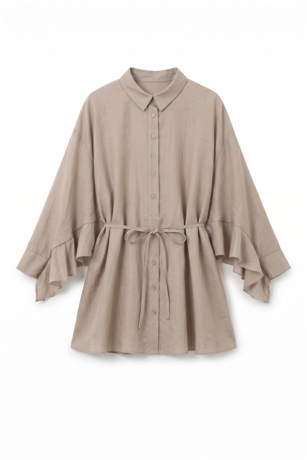 Buttoned Belted Batwing Sleeve Ruffled Oversize Modal Tunic -Mink color