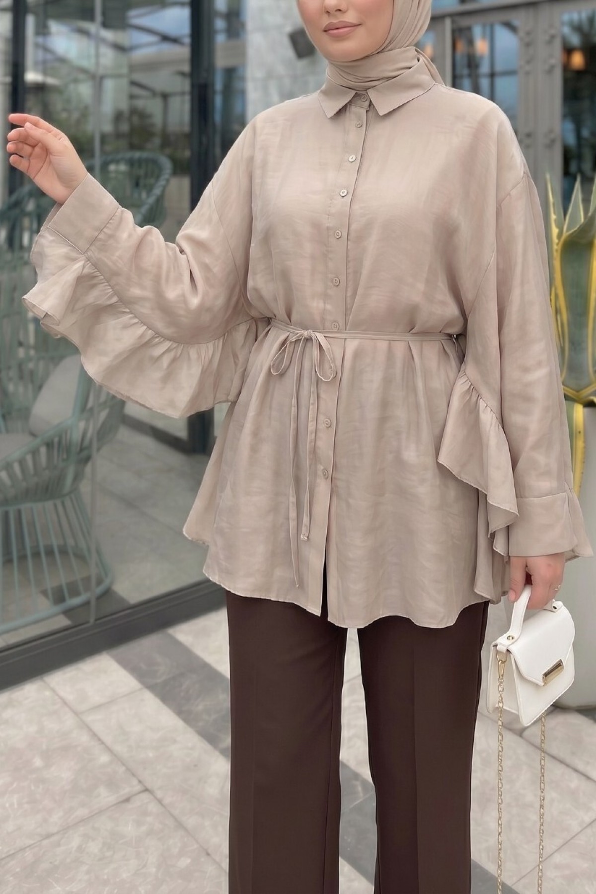 Buttoned Belted Batwing Sleeve Ruffled Oversize Modal Tunic -Mink color