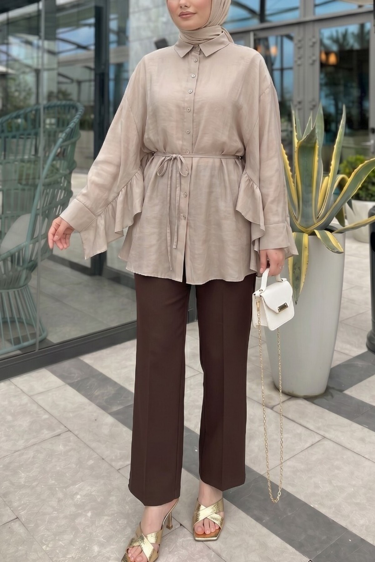 Buttoned Belted Batwing Sleeve Ruffled Oversize Modal Tunic -Mink color