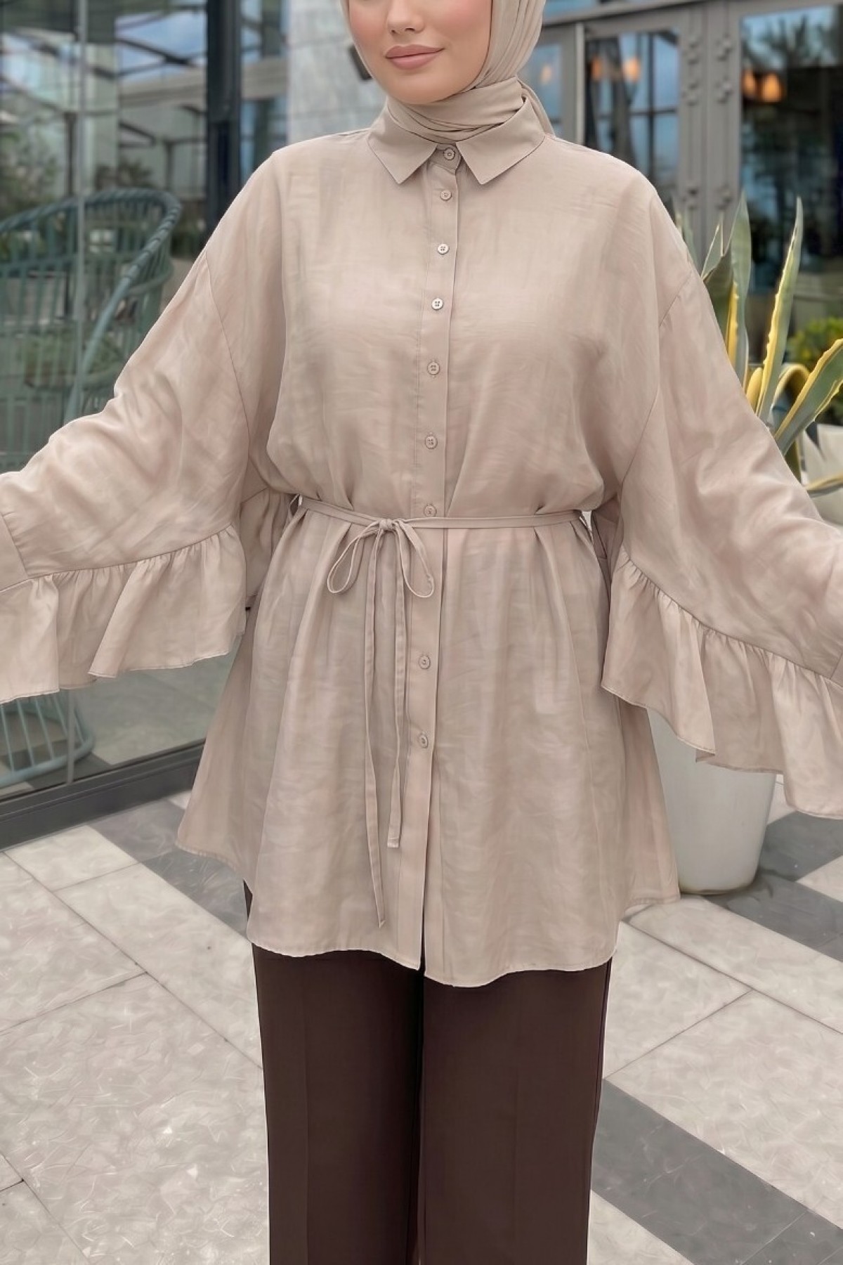 Buttoned Belted Batwing Sleeve Ruffled Oversize Modal Tunic -Mink color