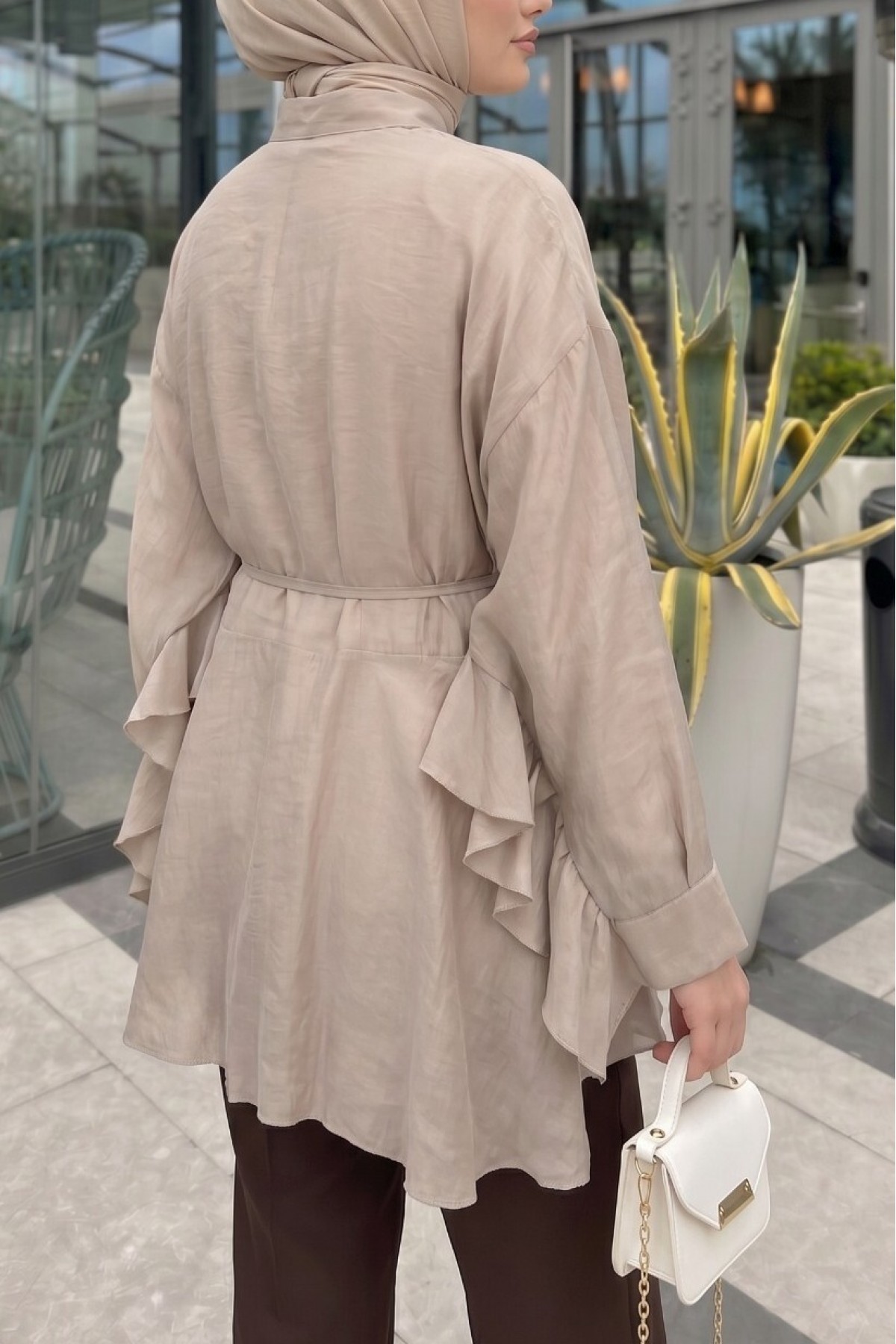 Buttoned Belted Batwing Sleeve Ruffled Oversize Modal Tunic -Mink color