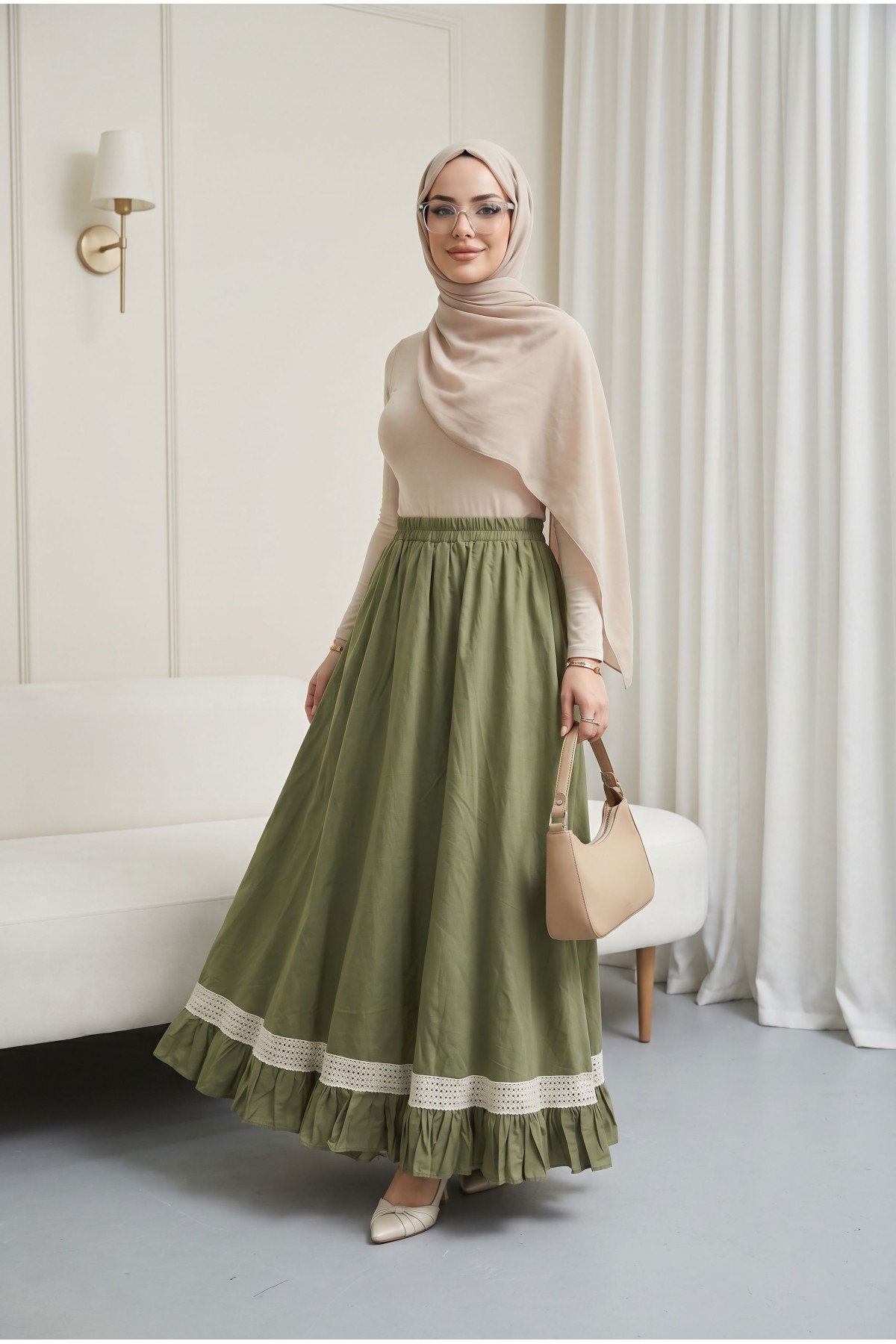 Elasticated Waist, Lace Detail, Ruffled Voile Skirt -Khaki