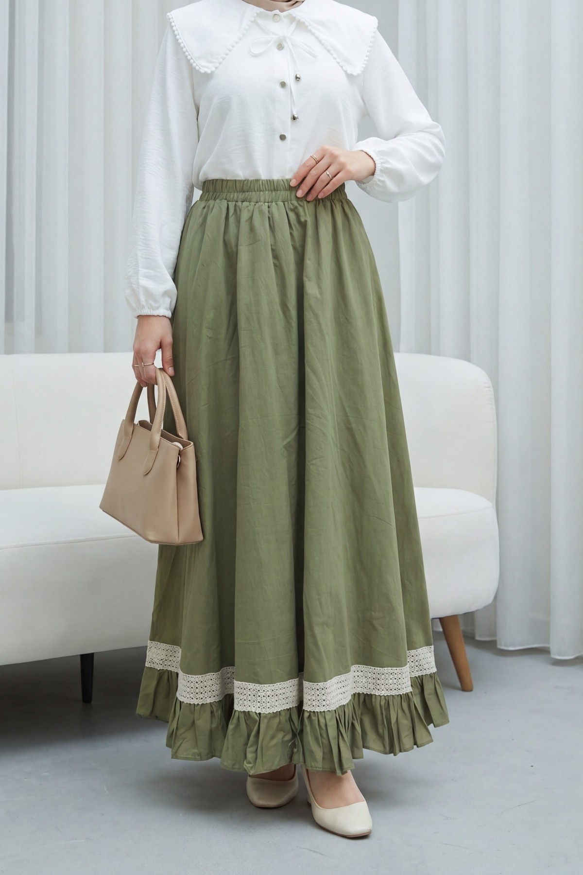 Elasticated Waist, Lace Detail, Ruffled Voile Skirt -Khaki