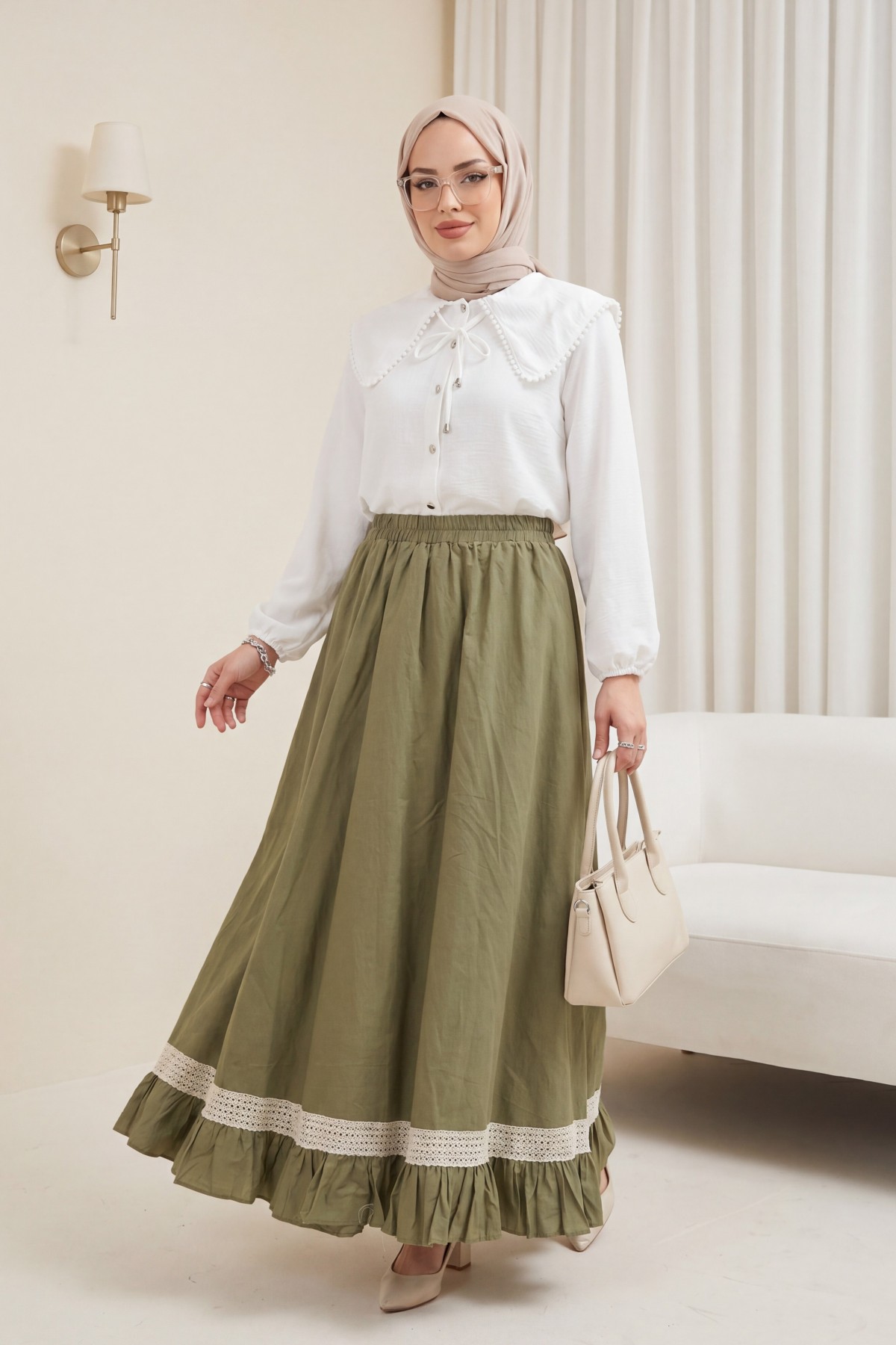 Elasticated Waist, Lace Detail, Ruffled Voile Skirt -Khaki
