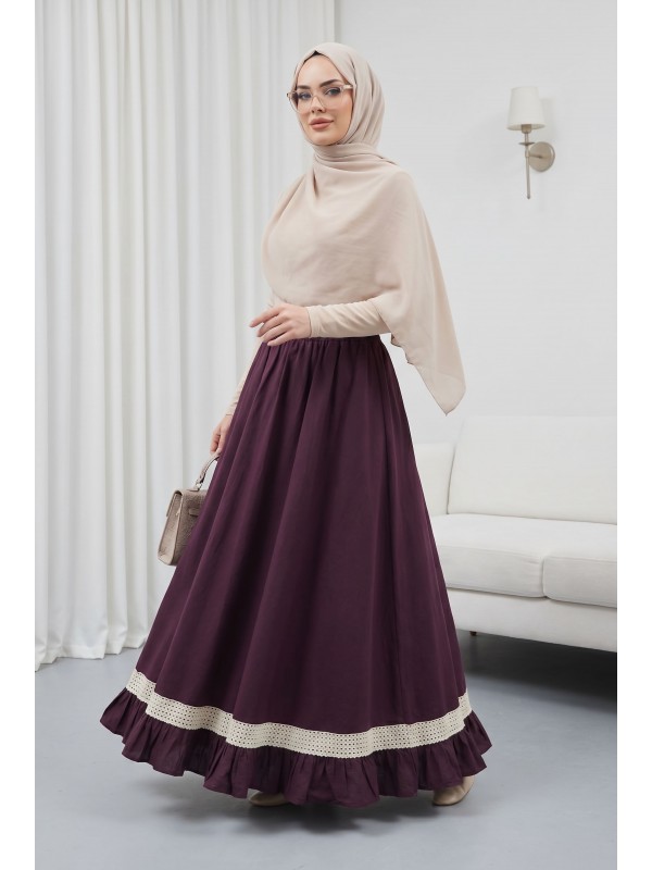 Elasticated Waist, Lace Detail, Ruffled Voile Skirt -Damson