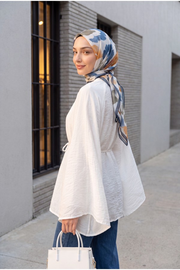 Hakim Yaka Kemerli Astarlı İspanyol Kol Oversize Liyosel Tunik -Beyaz