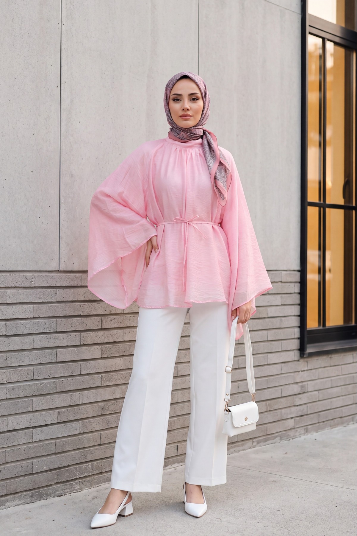 Mandarin Collar Belted Lined Spanish Sleeve Oversize Lyocell Tunic -Pink