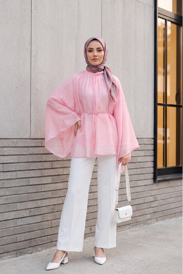 Mandarin Collar Belted Lined Spanish Sleeve Oversize Lyocell Tunic -Pink