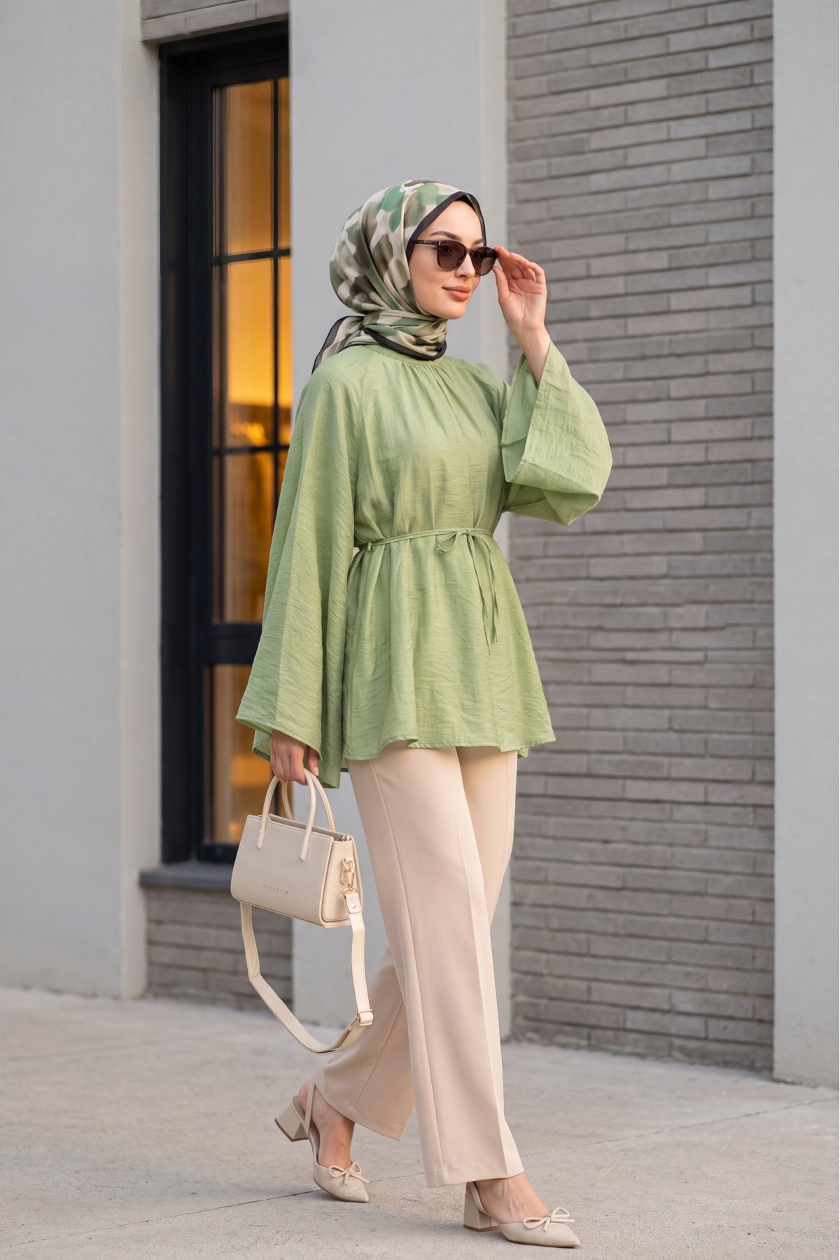 Mandarin Collar Belted Lined Spanish Sleeve Oversize Lyocell Tunic -Cagla Green