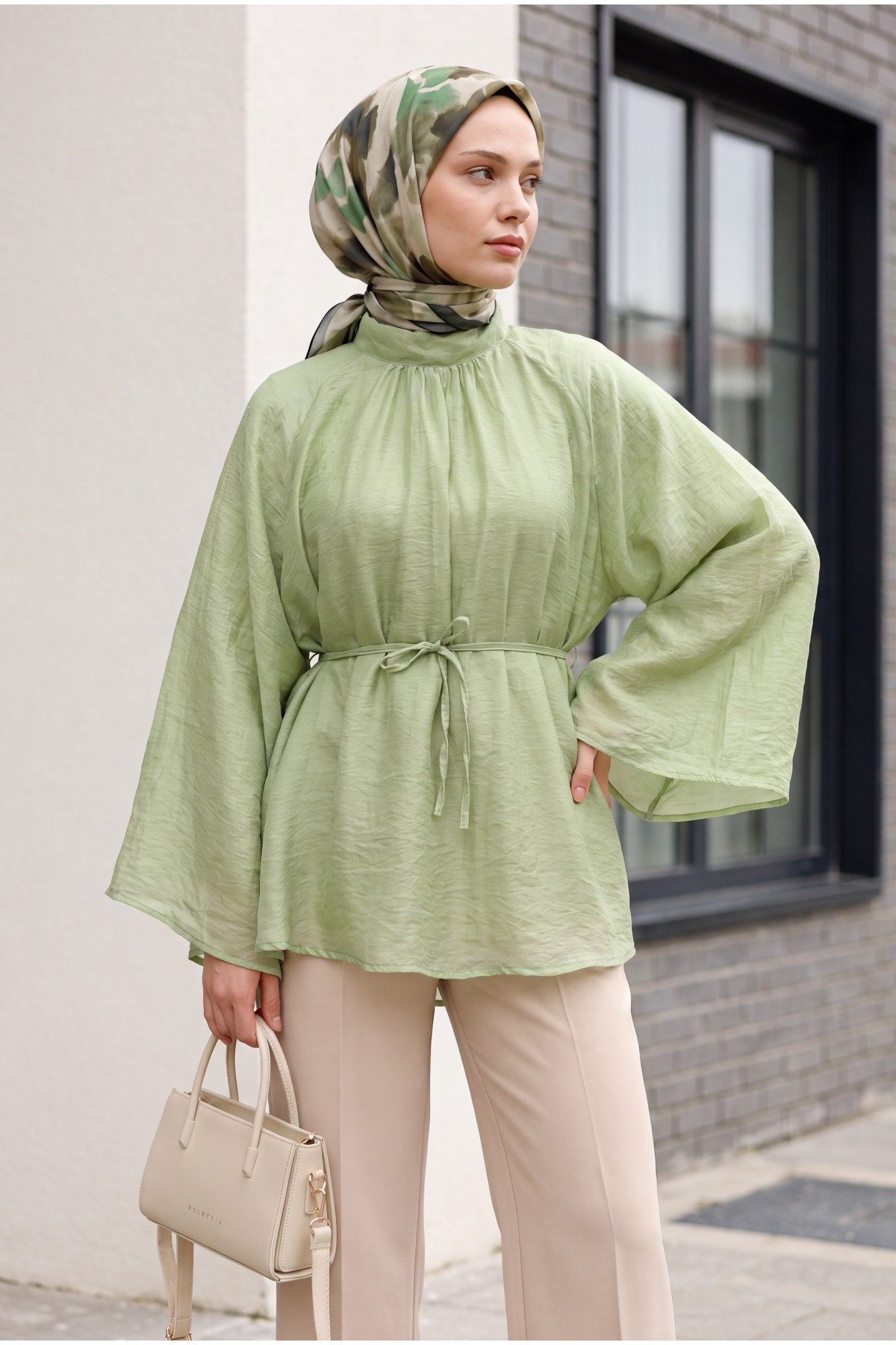 Mandarin Collar Belted Lined Spanish Sleeve Oversize Lyocell Tunic -Cagla Green