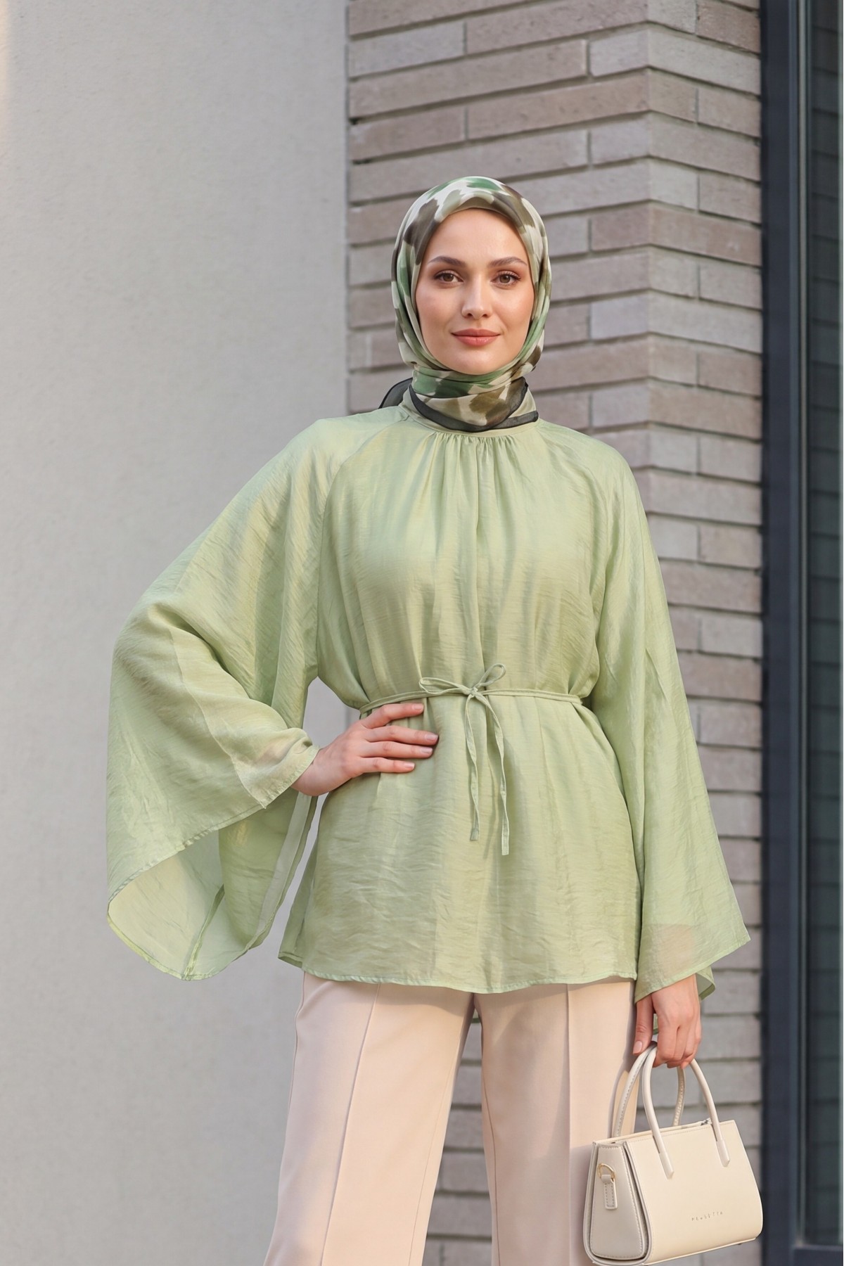 Mandarin Collar Belted Lined Spanish Sleeve Oversize Lyocell Tunic -Cagla Green
