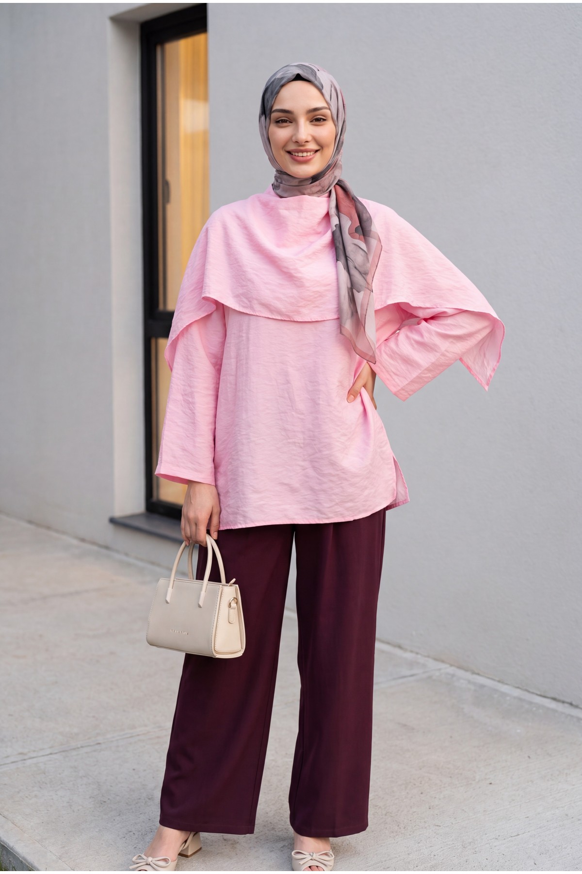 Çıkarılabilir Pelerinli Oversize Modal Tunik  -Pembe