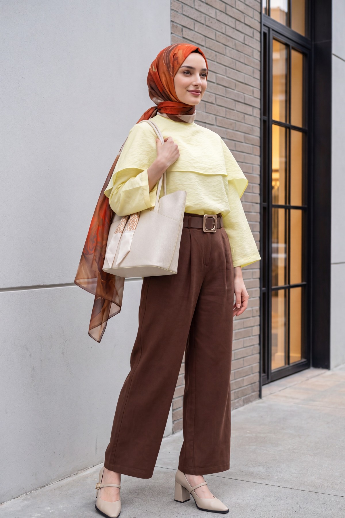 Çıkarılabilir Pelerinli Oversize Modal Tunik  -Sarı