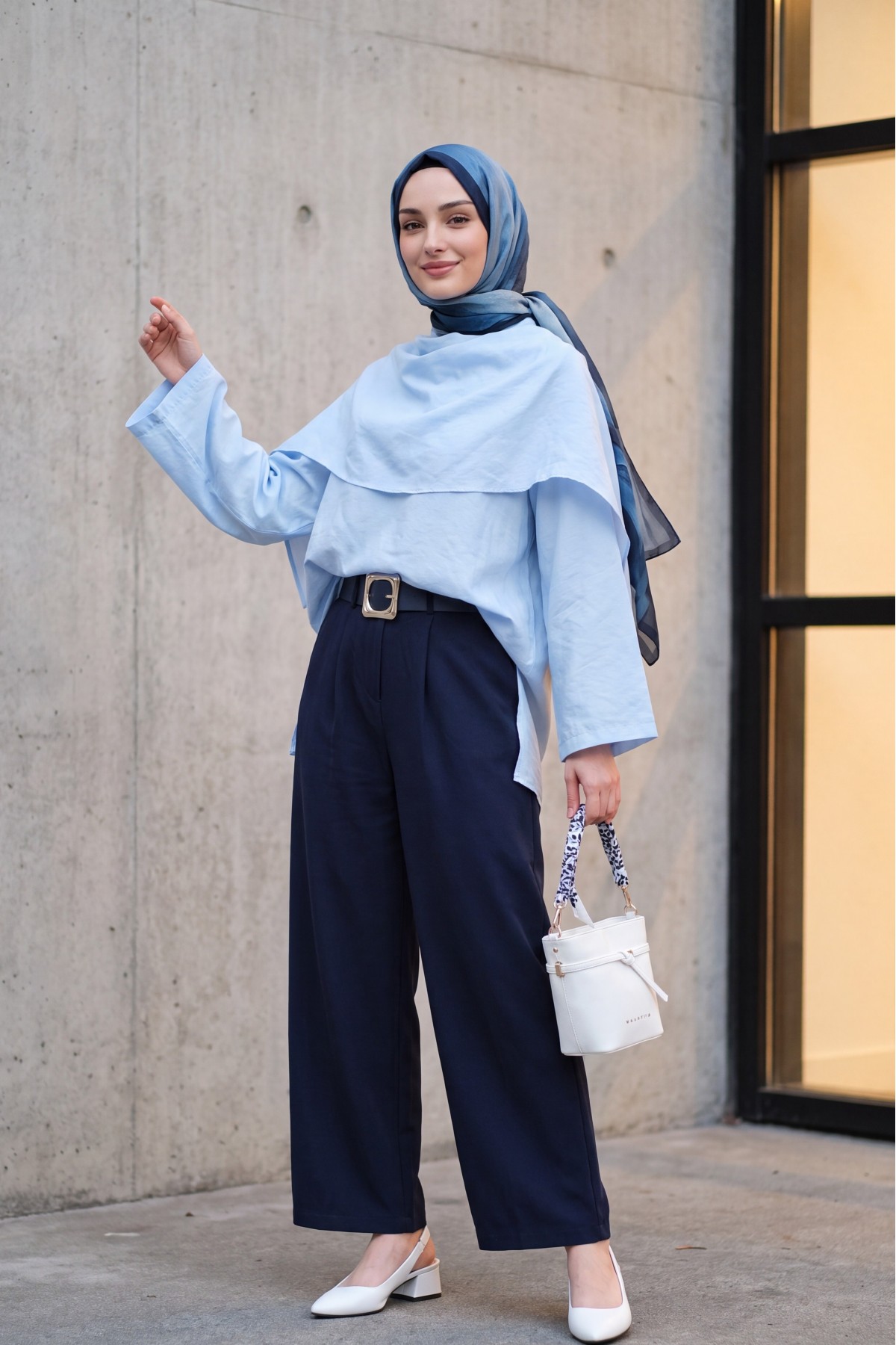 Çıkarılabilir Pelerinli Oversize Modal Tunik  -Bebe Mavi