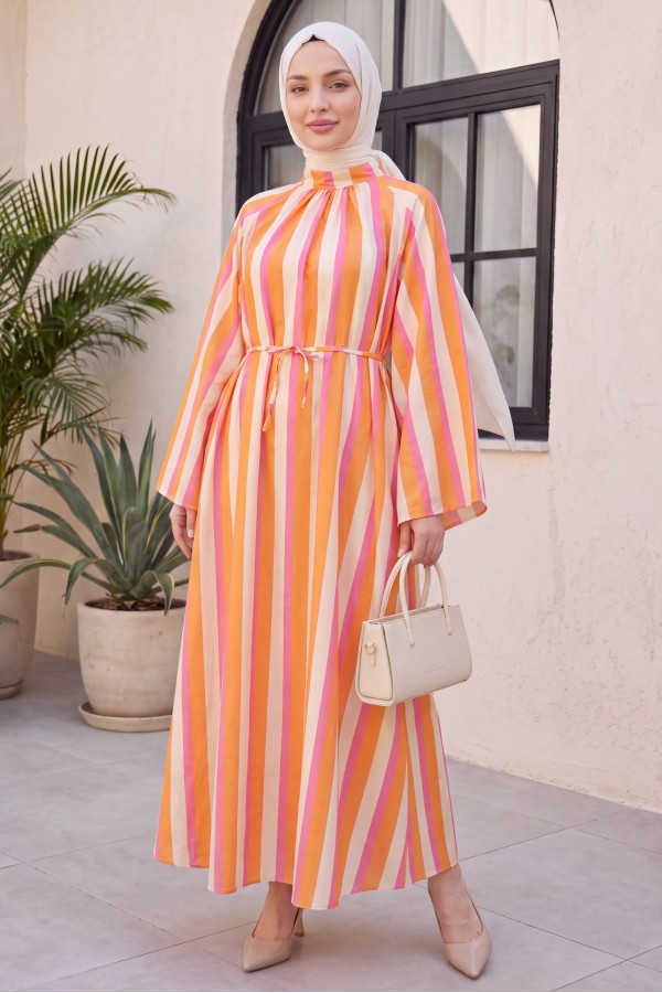 Mandarin Collar Belted Patterned Polyviscose Dress -Fuchsia