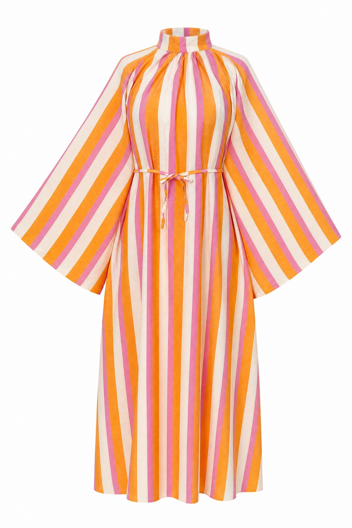 Mandarin Collar Belted Patterned Polyviscose Dress -Fuchsia