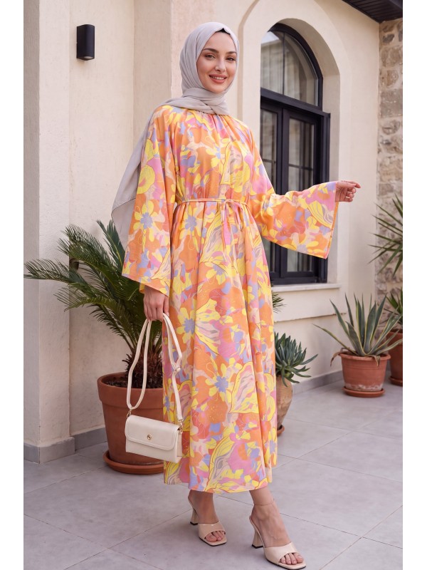 Mandarin Collar Belted Patterned Polyviscose Dress -Orange