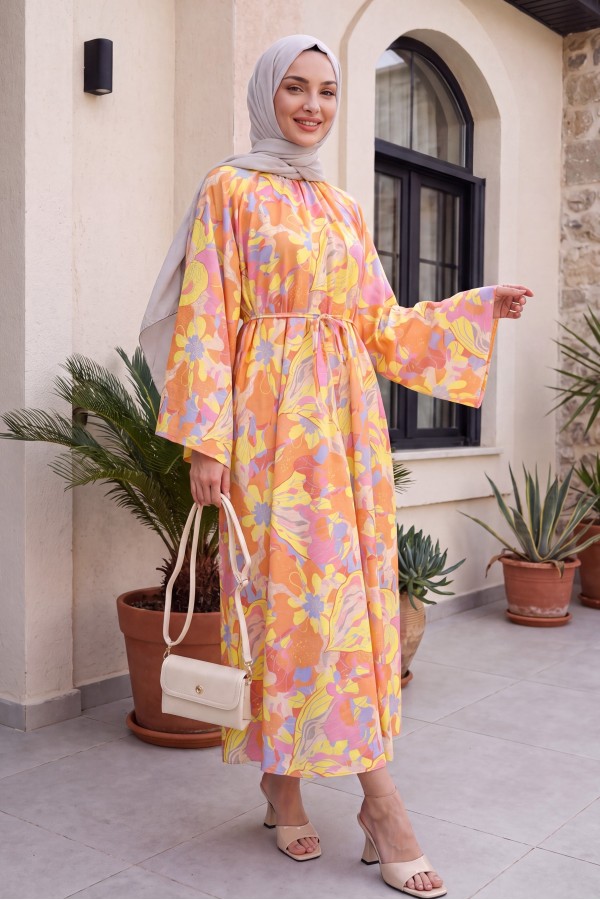Mandarin Collar Belted Patterned Polyviscose Dress -Orange