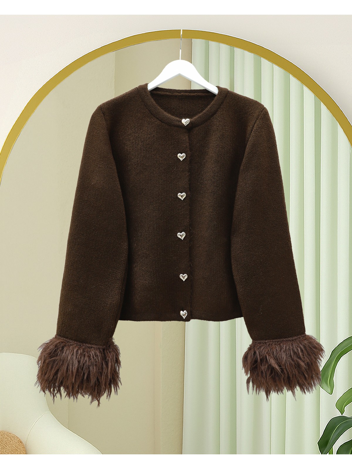 Kalp Düğmeli Kolu Saçaklı Triko Hırka -K. Kahve