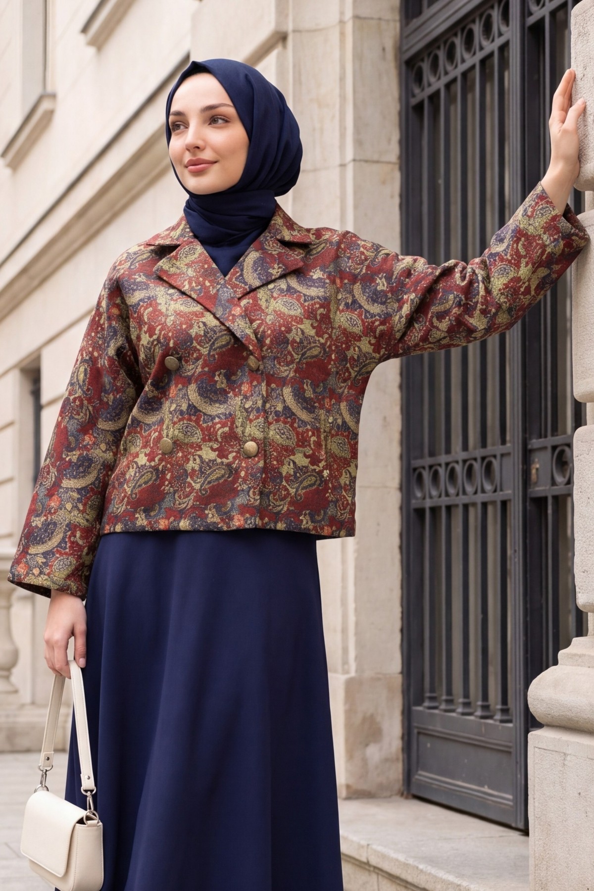 Quilted Jacket with Shirt Collar, Mixed Print, and Button Front -Khaki