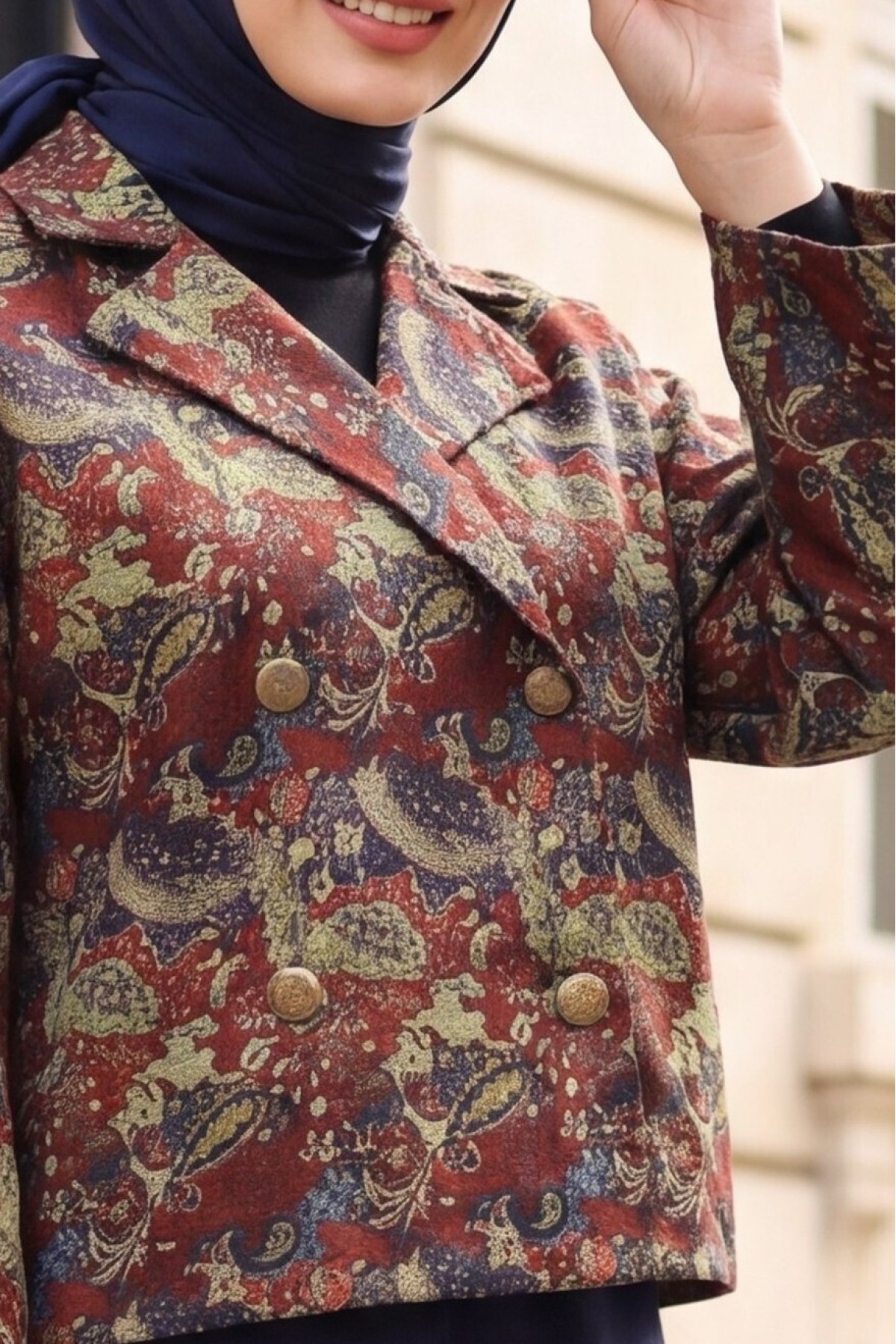 Quilted Jacket with Shirt Collar, Mixed Print, and Button Front -Khaki