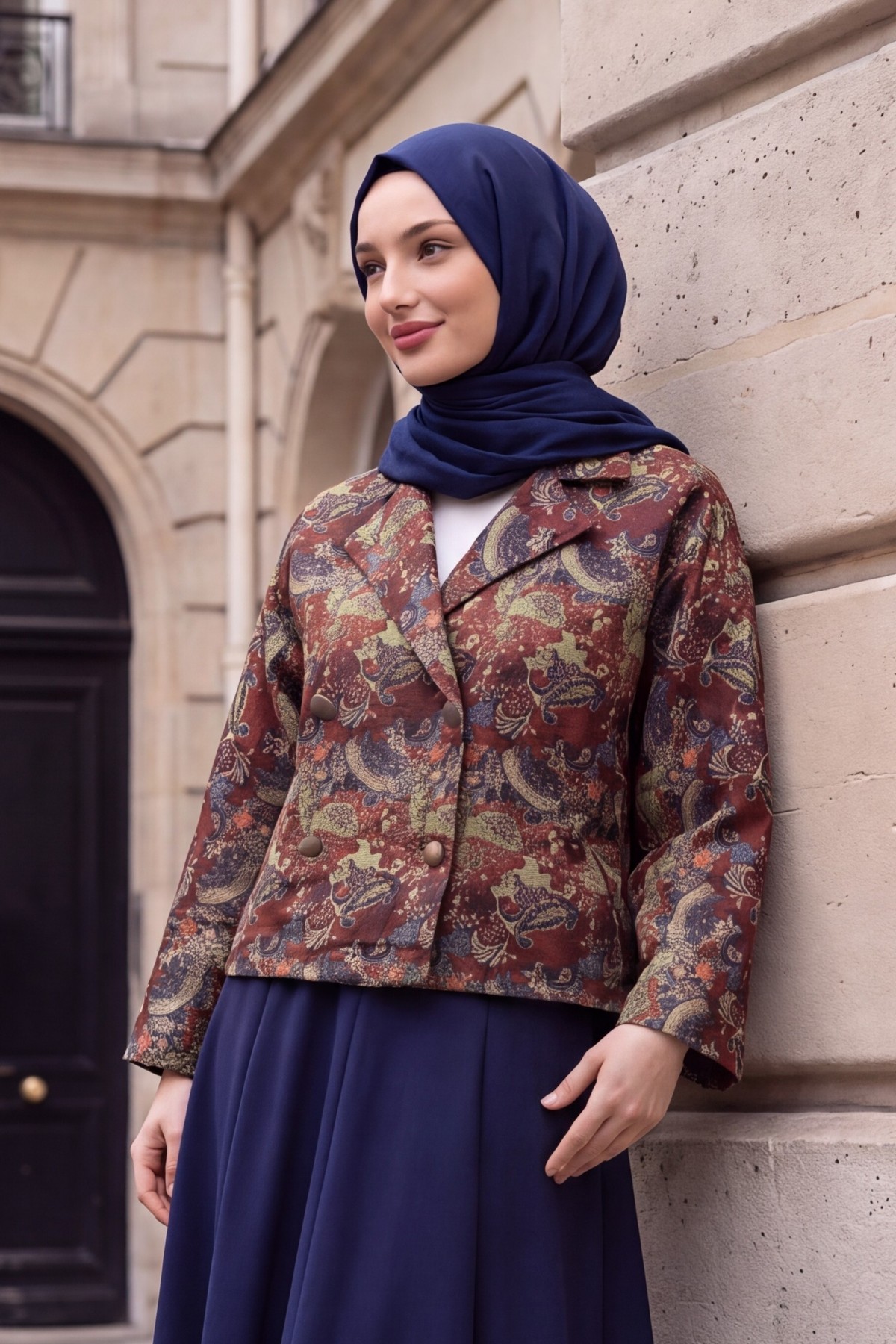 Quilted Jacket with Shirt Collar, Mixed Print, and Button Front -Khaki