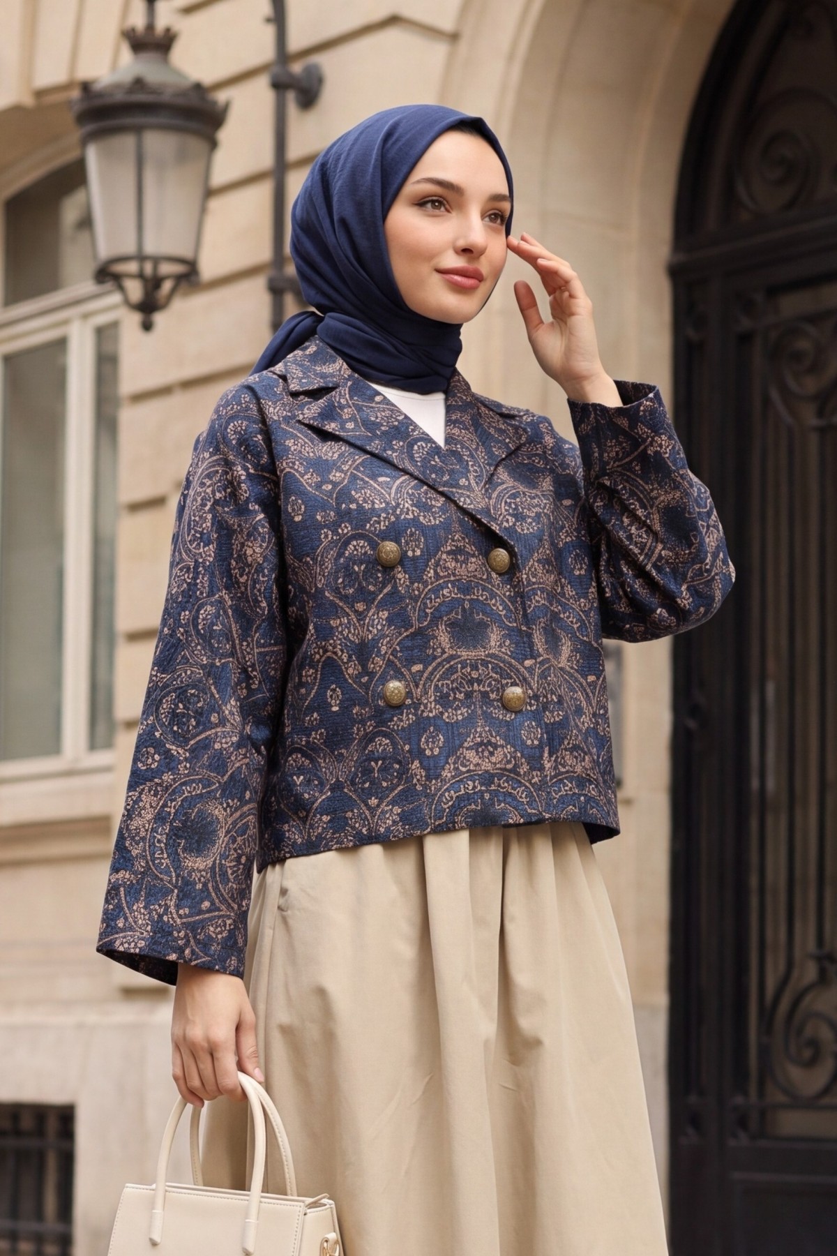 Quilted Jacket with Shirt Collar, Mixed Print, and Button Front -İndigo