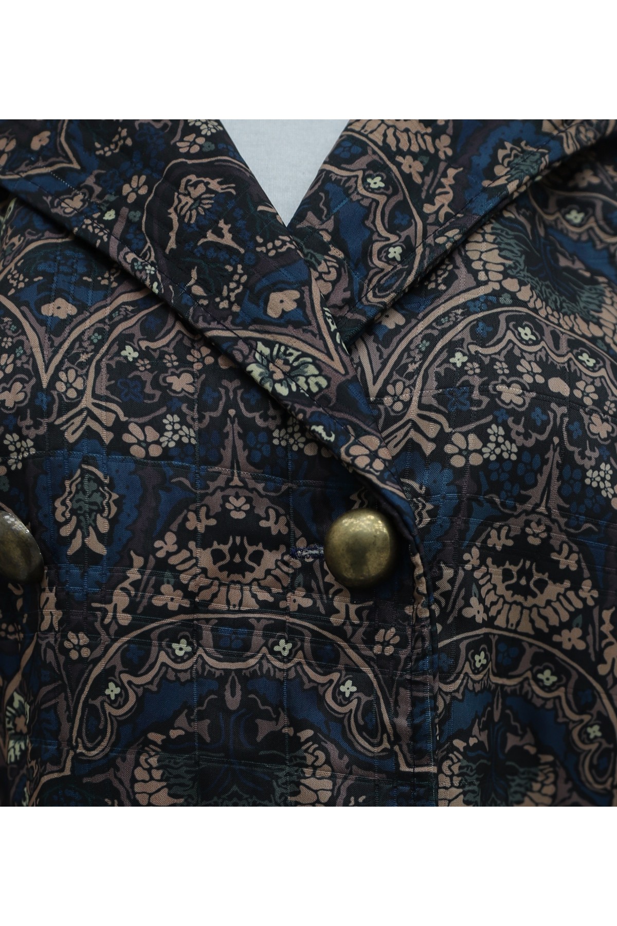 Quilted Jacket with Shirt Collar, Mixed Print, and Button Front -İndigo