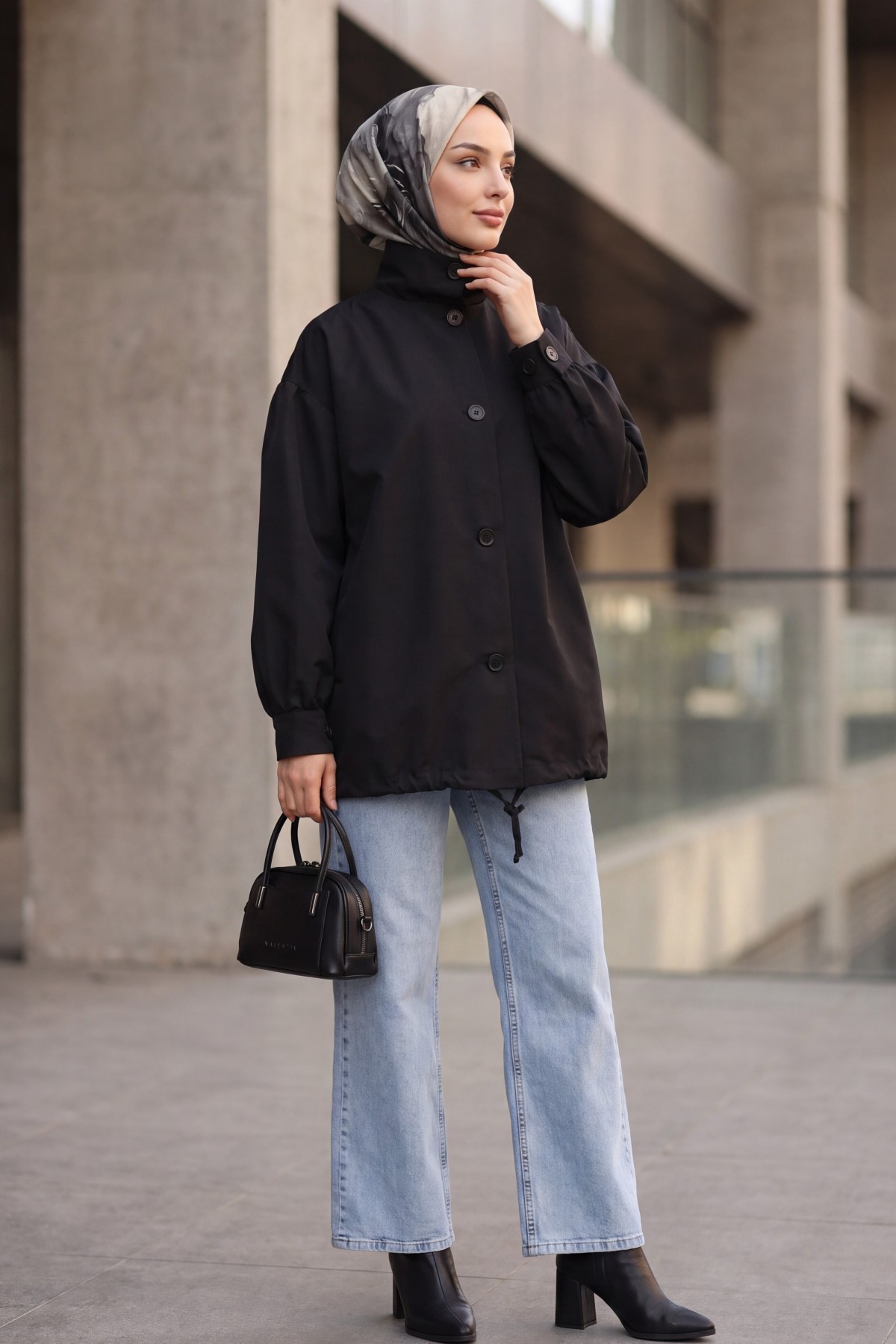 Balloon-Sleeve Lined Trench Coat with Double Pockets and Buttons -Black